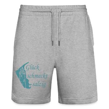 Glück schmeckt salzig – Amrum Nordsee Insel Design - Stanley/Stella Unisex Bio Joggingshorts Trainer  - Grau meliert - Vorne - Nik (191cm) & Marisol (170cm)
