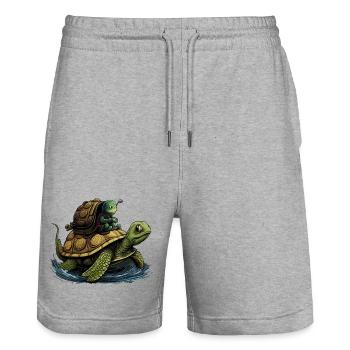 Kleine grüne Schnecke lässt sich von Schildkröte m - Stanley/Stella Unisex Bio Joggingshorts Trainer  - Grau meliert - Vorne - Nik (191cm) & Marisol (170cm)