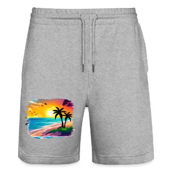 Summer Sunset Beach Watercolor - Stanley/Stella Trainer Unisex Organic Jogging Shorts - heather grey - Front - Nik (191cm) & Marisol (170cm)