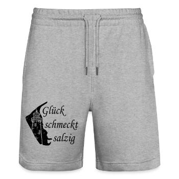 Glück schmeckt salzig – Amrum Nordsee Insel Design - Stanley/Stella Unisex Bio Joggingshorts Trainer  - Grau meliert - Vorne - Nik (191cm) & Marisol (170cm)