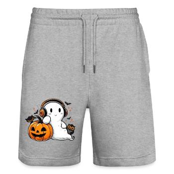 cool ghost with headphones and halloween pumpkin - Stanley/Stella Trainer Unisex Organic Jogging Shorts - heather grey - Front - Nik (191cm) & Marisol (170cm)