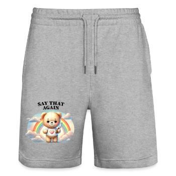 Un ours en peluche au sourire innocent - Short de jogging bio TRAINER Stanley/Stella unisexe - gris chiné - Devant - Nik (191cm) & Marisol (170cm)