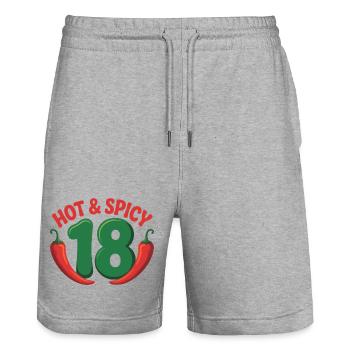 Hot & Spicy 18 – Lustiges Chili Geburtstagsshirt - Stanley/Stella Unisex Bio Joggingshorts Trainer  - Grau meliert - Vorne - Nik (191cm) & Marisol (170cm)