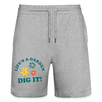 Life's a Garden DIG IT! - Stanley/Stella Trainer Unisex Organic Jogging Shorts - heather grey - Front - Nik (191cm) & Marisol (170cm)