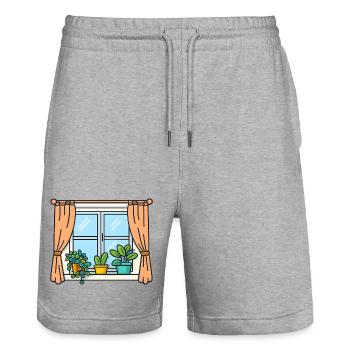 Vue fenêtre avec plantes d’intérieur - Short de jogging bio TRAINER Stanley/Stella unisexe - gris chiné - Devant - Nik (191cm) & Marisol (170cm)