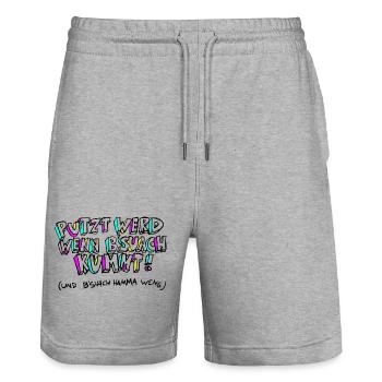 PUTZT_WERD_WENN_B SUACH_KUMMT - Short de jogging bio TRAINER Stanley/Stella unisexe - gris chiné - Devant - Nik (191cm) & Marisol (170cm)