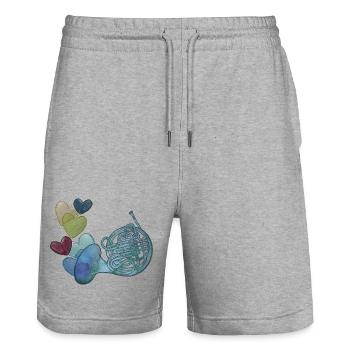 Herznote-Horn mit bunten Herzen - Stanley/Stella Unisex Bio Joggingshorts Trainer  - Grau meliert - Vorne - Nik (191cm) & Marisol (170cm)