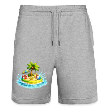 Small island in the sea with palm tree & beach accessories - Stanley/Stella Trainer Unisex Organic Jogging Shorts - heather grey - Front - Nik (191cm) & Marisol (170cm)