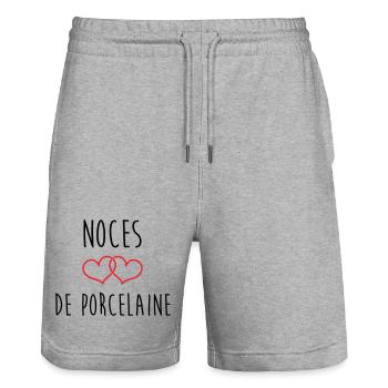 Porzellanhochzeit 20 Jahre Liebe - Stanley/Stella Unisex Bio Joggingshorts Trainer  - Grau meliert - Vorne - Nik (191cm) & Marisol (170cm)