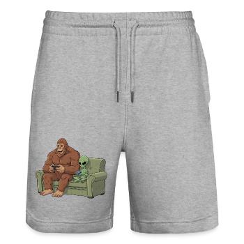 Bigfoot Alien joue au jeu vidéo en Sasquatch - Short de jogging bio TRAINER Stanley/Stella unisexe - gris chiné - Devant - Nik (191cm) & Marisol (170cm)