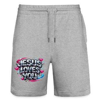 Jesus Loves You Streetwear - Stanley/Stella Unisex Bio Joggingshorts Trainer  - Grau meliert - Vorne - Nik (191cm) & Marisol (170cm)