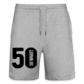 50 so what? Not so bad - birthday - Stanley/Stella Trainer Unisex Organic Jogging Shorts - heather grey - Front - Nik (191cm) & Marisol (170cm)