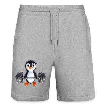 Dessin animé du Pingouin mignon avec haltère - Short de jogging bio TRAINER Stanley/Stella unisexe - gris chiné - Devant - Nik (191cm) & Marisol (170cm)