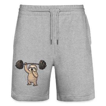 Paresseux de fitness avec barre dans un style comique - Short de jogging bio TRAINER Stanley/Stella unisexe - gris chiné - Devant - Nik (191cm) & Marisol (170cm)