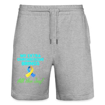 Down-Syndrom-Bewusstsein Joyful Extra Chromosom - Stanley/Stella Unisex Bio Joggingshorts Trainer  - Grau meliert - Vorne - Nik (191cm) & Marisol (170cm)