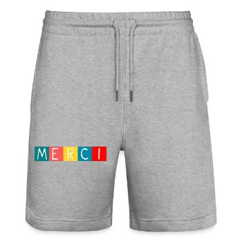 MERCI. THANKS. THANK YOU. ANNIVERSAIRE. NAISSANCE. - Short de jogging bio TRAINER Stanley/Stella unisexe - gris chiné - Devant - Nik (191cm) & Marisol (170cm)