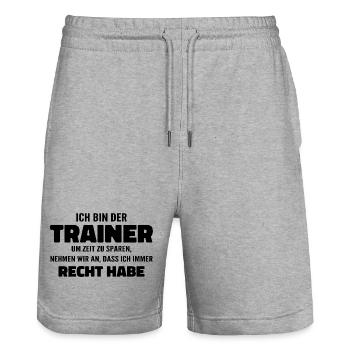 Je suis le coach, j’ai raison - Dictons Sports - Short de jogging bio TRAINER Stanley/Stella unisexe - gris chiné - Devant - Nik (191cm) & Marisol (170cm)