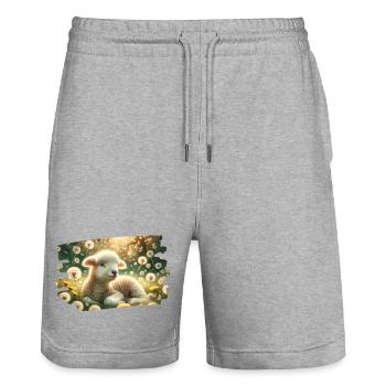 Idylle printanière de rêve avec agneaux et pissenlits - Short de jogging bio TRAINER Stanley/Stella unisexe - gris chiné - Devant - Nik (191cm) & Marisol (170cm)