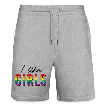 LGBTQIA+ I like girls Regenbogen Flagge lesbisch - Stanley/Stella Unisex Bio Joggingshorts Trainer  - Grau meliert - Vorne - Nik (191cm) & Marisol (170cm)