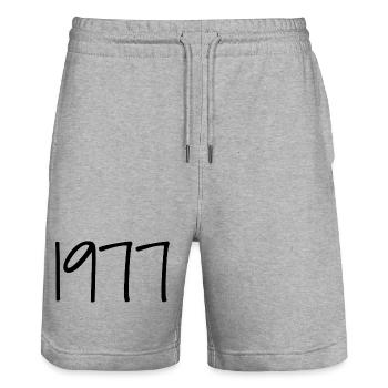 1977 Rétro Style 1977 Anniversaire 1977 Millésime - Short de jogging bio TRAINER Stanley/Stella unisexe - gris chiné - Devant - Nik (191cm) & Marisol (170cm)