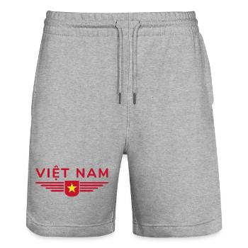 Fan du Vietnam, Tenue T Shirt Design - Short de jogging bio TRAINER Stanley/Stella unisexe - gris chiné - Devant - Nik (191cm) & Marisol (170cm)