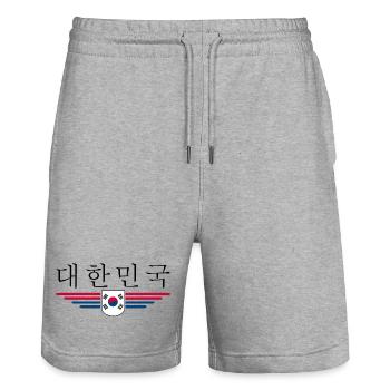 I Love South Korea Design T-Shirt Outfit - Stanley/Stella Trainer Unisex Organic Jogging Shorts - heather grey - Front - Nik (191cm) & Marisol (170cm)