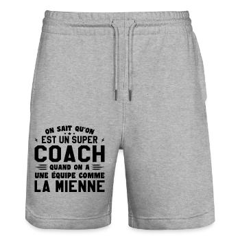 On Sait Qu'on Est Un Super Coach - Short de jogging bio TRAINER Stanley/Stella unisexe - gris chiné - Devant - Nik (191cm) & Marisol (170cm)