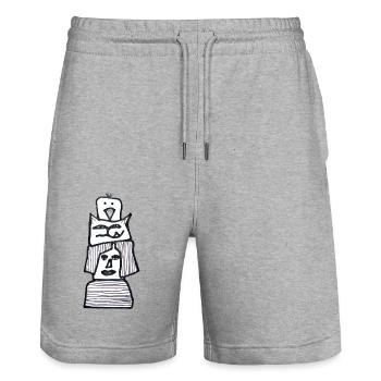 Zeichnung schwarzweiß mit Vogel Kater Mensch - Stanley/Stella Unisex Bio Joggingshorts Trainer  - Grau meliert - Vorne - Nik (191cm) & Marisol (170cm)