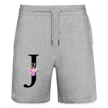 Purple floral letter j - Stanley/Stella Trainer Unisex Organic Jogging Shorts - heather grey - Front - Nik (191cm) & Marisol (170cm)
