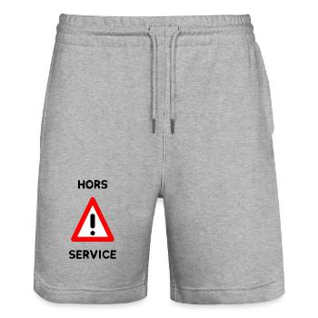 HORS SERVICE. PANNEAU. DANGER. HUMOUR. DRÔLE - Short de jogging bio TRAINER Stanley/Stella unisexe - gris chiné - Devant - Nik (191cm) & Marisol (170cm)