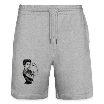 Stärke starke Frau Rockabilly Style Geschenk - Stanley/Stella Unisex Bio Joggingshorts Trainer  - Grau meliert - Vorne - Nik (191cm) & Marisol (170cm)
