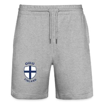 Oulu Finnish Shield Emblem - Stanley/Stella Trainer Unisex Organic Jogging Shorts - heather grey - Front - Nik (191cm) & Marisol (170cm)