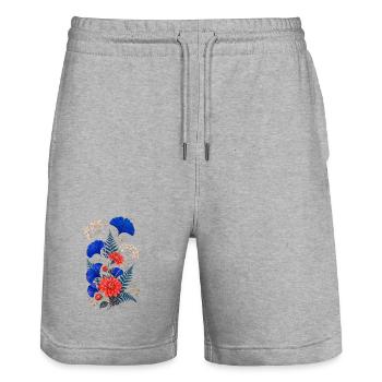 Fleurs Bleues et Dahlias Sauvages - Short de jogging bio TRAINER Stanley/Stella unisexe - gris chiné - Devant - Nik (191cm) & Marisol (170cm)