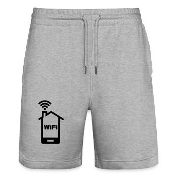 Smartphone home logo Home with text WIFI - Stanley/Stella Trainer Unisex Organic Jogging Shorts - heather grey - Front - Nik (191cm) & Marisol (170cm)