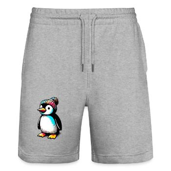 Pingouin avec bonnet d’hiver en laine - Short de jogging bio TRAINER Stanley/Stella unisexe - gris chiné - Devant - Nik (191cm) & Marisol (170cm)