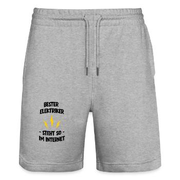 Three Yellow Flashes on Black - with Saying - Stanley/Stella Trainer Unisex Organic Jogging Shorts - heather grey - Front - Nik (191cm) & Marisol (170cm)