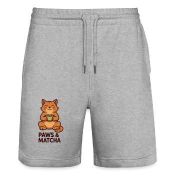 Paws & Matcha Cat - Stanley/Stella Trainer Unisex Organic Jogging Shorts - heather grey - Front - Nik (191cm) & Marisol (170cm)