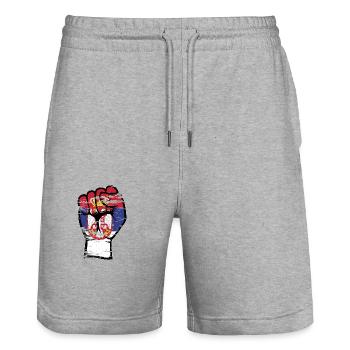 Poing du drapeau de la Serbie utilisé - Short de jogging bio TRAINER Stanley/Stella unisexe - gris chiné - Devant - Nik (191cm) & Marisol (170cm)