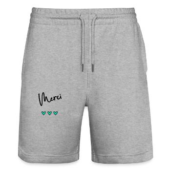 MERCI. THANKS. THANK YOU. ANNIVERSAIRE. NAISSANCE. - Short de jogging bio TRAINER Stanley/Stella unisexe - gris chiné - Devant - Nik (191cm) & Marisol (170cm)