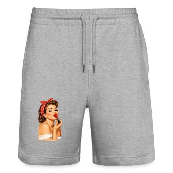 Pin-Up Girl Style rétro vintage : lèvres rouges qui embrassent - Short de jogging bio TRAINER Stanley/Stella unisexe - gris chiné - Devant - Nik (191cm) & Marisol (170cm)