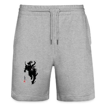 Oni Hannya – Démon Japonais Sumi-e Cornes Rouges - Short de jogging bio TRAINER Stanley/Stella unisexe - gris chiné - Devant - Nik (191cm) & Marisol (170cm)