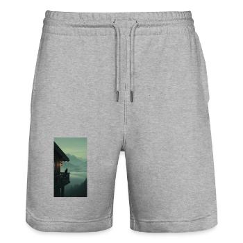 Schwarze Katze am Bergbalkon – Asian Zen Design - Stanley/Stella Unisex Bio Joggingshorts Trainer  - Grau meliert - Vorne - Nik (191cm) & Marisol (170cm)