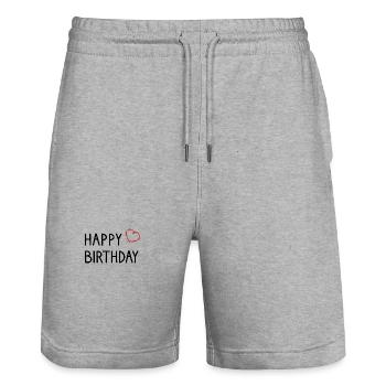 HAPPY BIRTHDAY. JOYEUX ANNIVERSAIRE. ANNIVERSAIRE. - Short de jogging bio TRAINER Stanley/Stella unisexe - gris chiné - Devant - Nik (191cm) & Marisol (170cm)