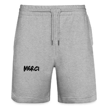 MERCI. ANNIVERSAIRE. NAISSANCE. RETRAITE. MERCI - Short de jogging bio TRAINER Stanley/Stella unisexe - gris chiné - Devant - Nik (191cm) & Marisol (170cm)