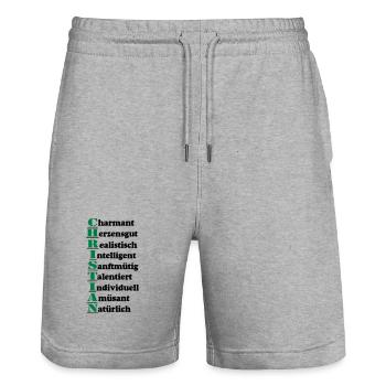 Christian Vorname,Namensschild,Name,Fun Shirt (25) - Stanley/Stella Unisex Bio Joggingshorts Trainer  - Grau meliert - Vorne - Nik (191cm) & Marisol (170cm)