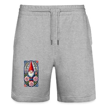 Illustration fantaisiste d'un nain de jardin - Short de jogging bio TRAINER Stanley/Stella unisexe - gris chiné - Devant - Nik (191cm) & Marisol (170cm)
