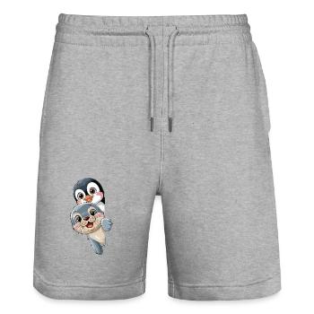 Dessin animé mignon du Pingouin et du Phoque pour enfants - Short de jogging bio TRAINER Stanley/Stella unisexe - gris chiné - Devant - Nik (191cm) & Marisol (170cm)