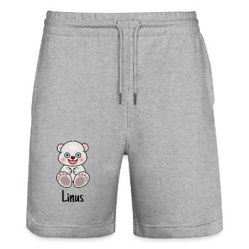 Linus, ours mignon, motif bébé bébé vêtements enfant en bas âge - Short de jogging bio TRAINER Stanley/Stella unisexe - gris chiné - Devant - Nik (191cm) & Marisol (170cm)