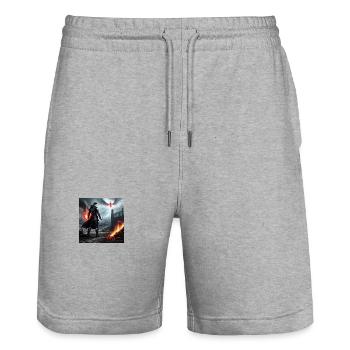 Feuerklingen Krieger in Ruinenland - Stanley/Stella Unisex Bio Joggingshorts Trainer  - Grau meliert - Vorne - Nik (191cm) & Marisol (170cm)