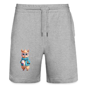 Café Alpaga à Capuche avec Lunettes - Short de jogging bio TRAINER Stanley/Stella unisexe - gris chiné - Devant - Nik (191cm) & Marisol (170cm)